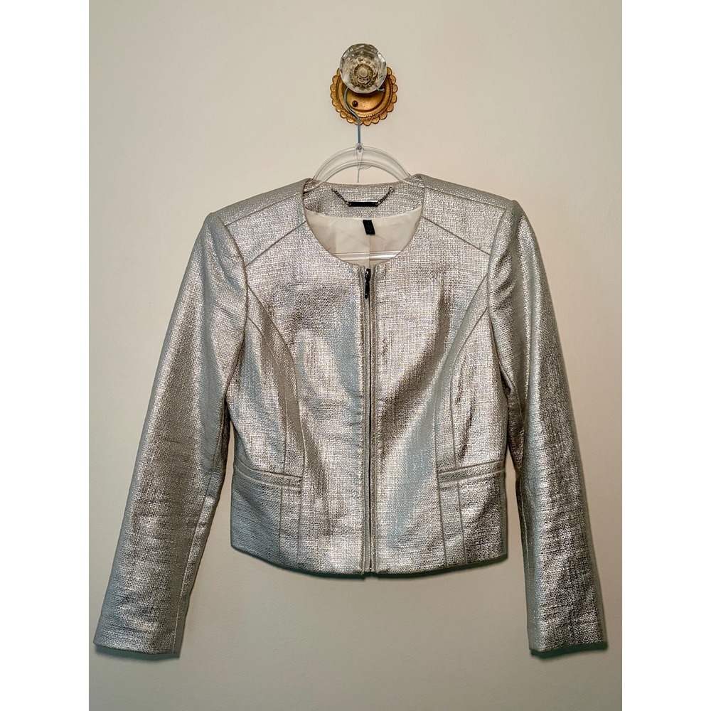 White House Black Market Metallic Silver Tweed Zipper Cropped Jacket Blazer 4